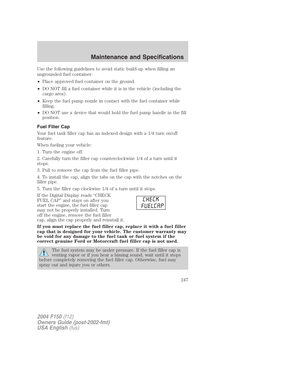 Maintenance and specifications | FORD 2004 F-150 v.5 User Manual | Page 247 / 304