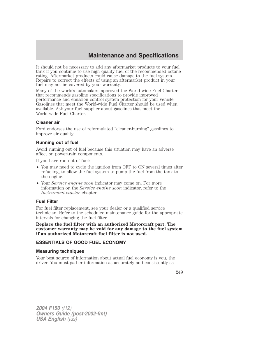 Maintenance and specifications | FORD 2004 F-150 v.5 User Manual | Page 249 / 304