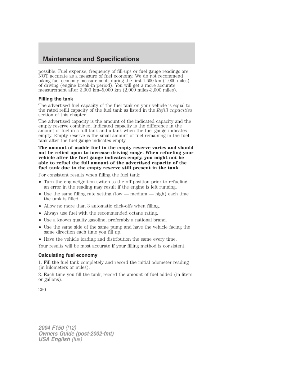 Maintenance and specifications | FORD 2004 F-150 v.5 User Manual | Page 250 / 304