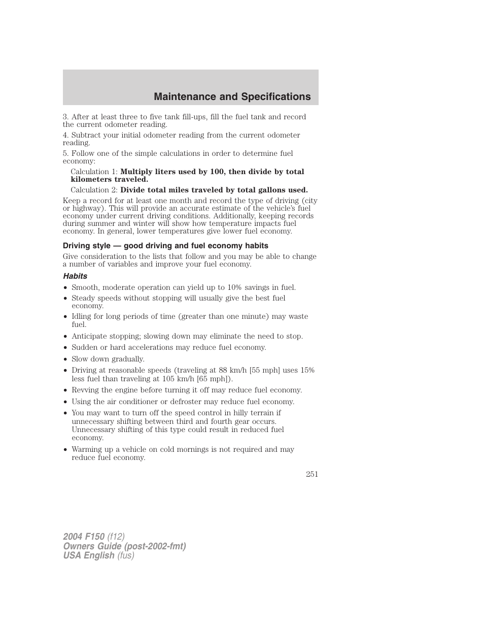 Maintenance and specifications | FORD 2004 F-150 v.5 User Manual | Page 251 / 304