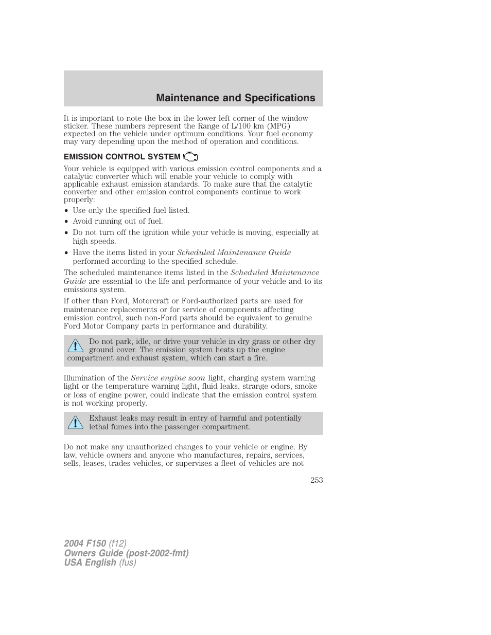 Maintenance and specifications | FORD 2004 F-150 v.5 User Manual | Page 253 / 304