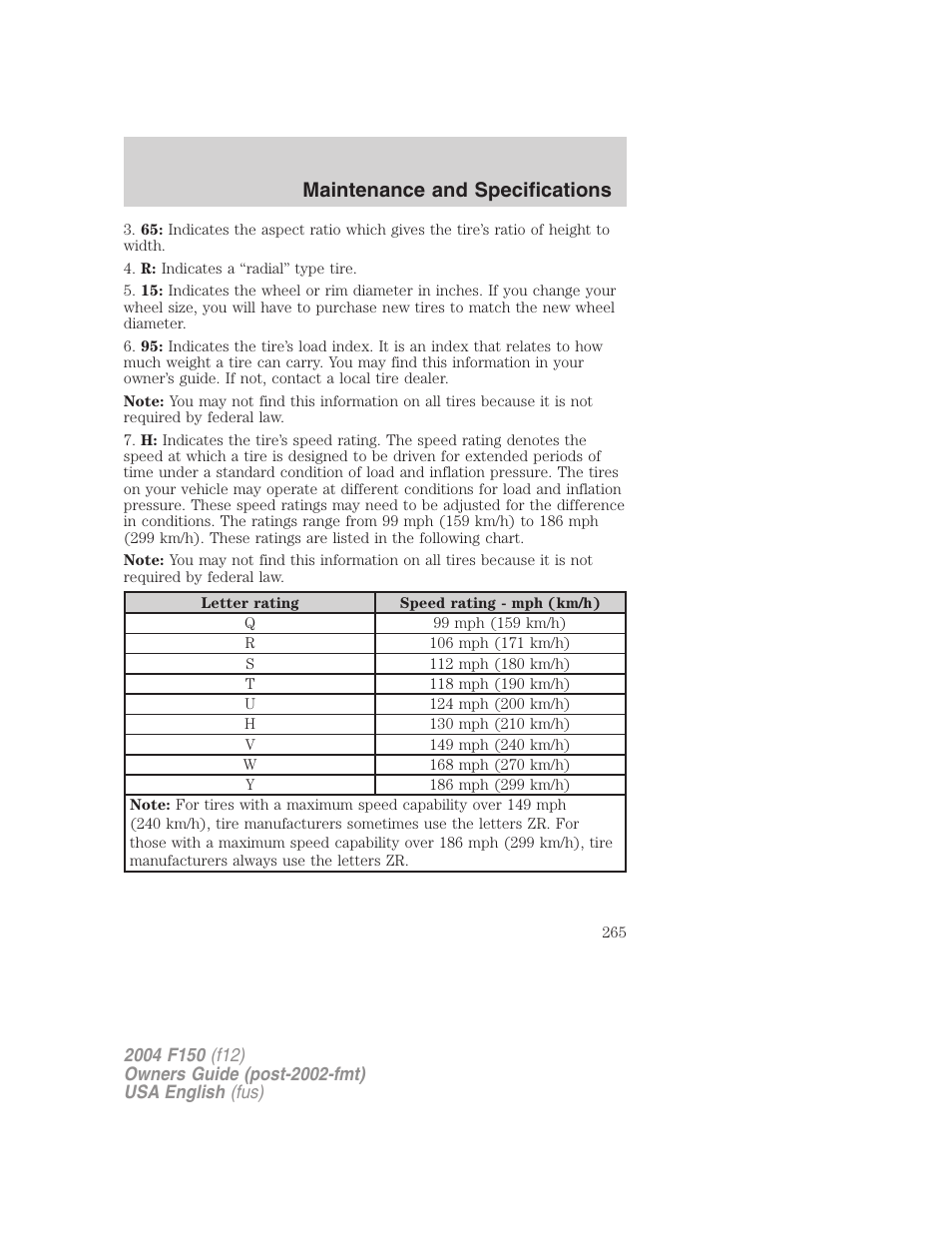 Maintenance and specifications | FORD 2004 F-150 v.5 User Manual | Page 265 / 304