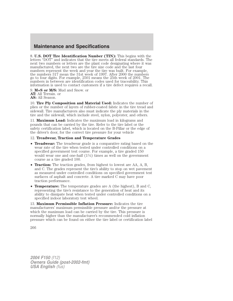 Maintenance and specifications | FORD 2004 F-150 v.5 User Manual | Page 266 / 304
