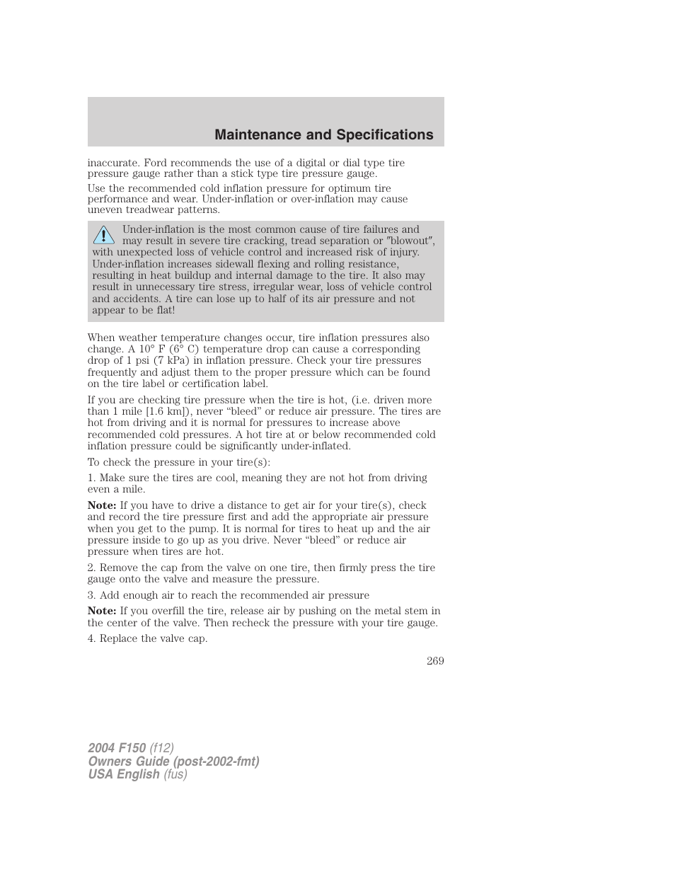 Maintenance and specifications | FORD 2004 F-150 v.5 User Manual | Page 269 / 304