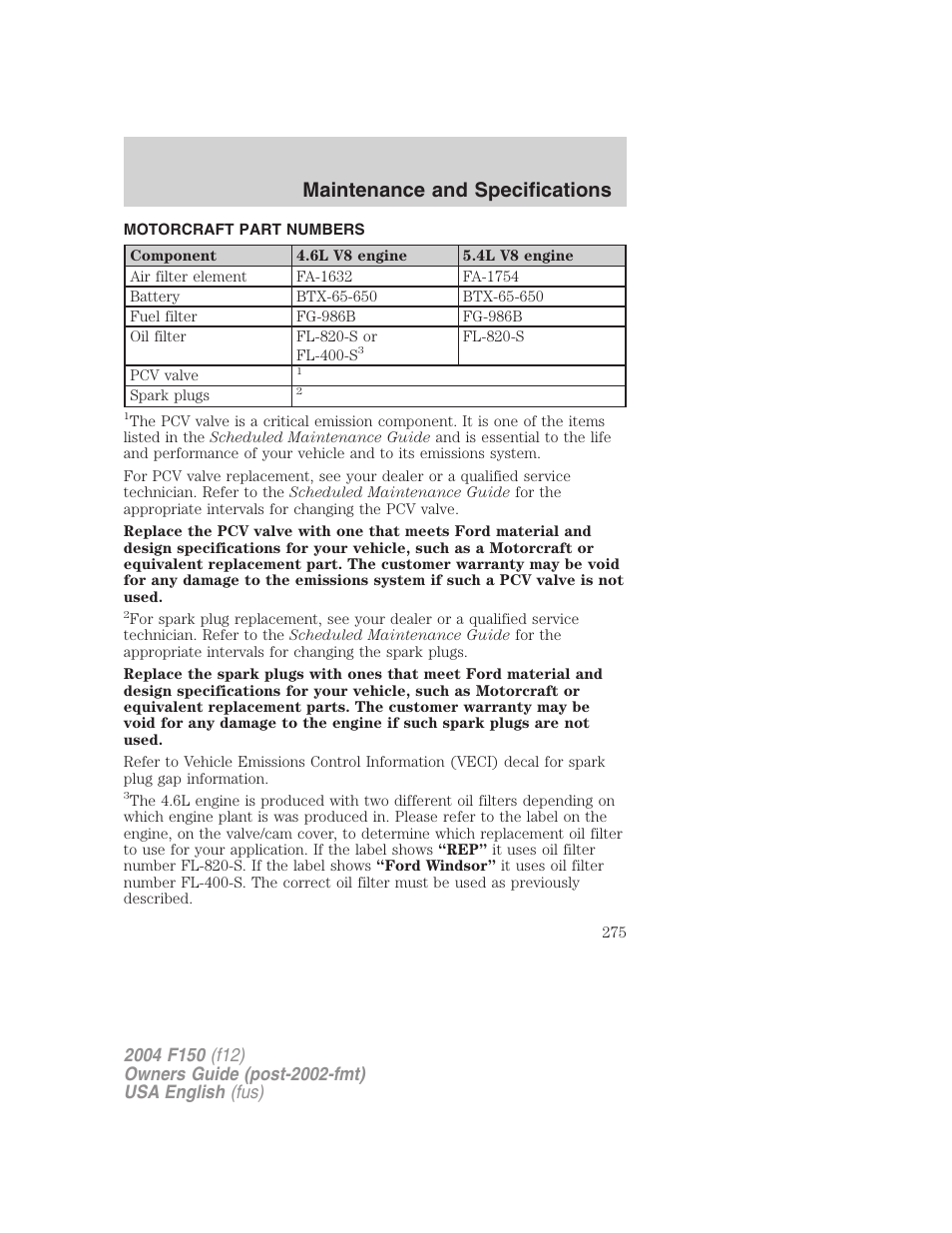 Maintenance and specifications | FORD 2004 F-150 v.5 User Manual | Page 275 / 304