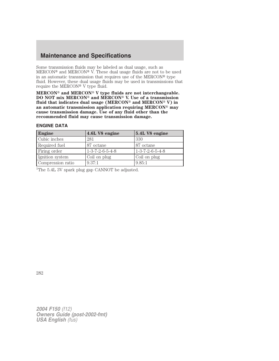 Maintenance and specifications | FORD 2004 F-150 v.5 User Manual | Page 282 / 304