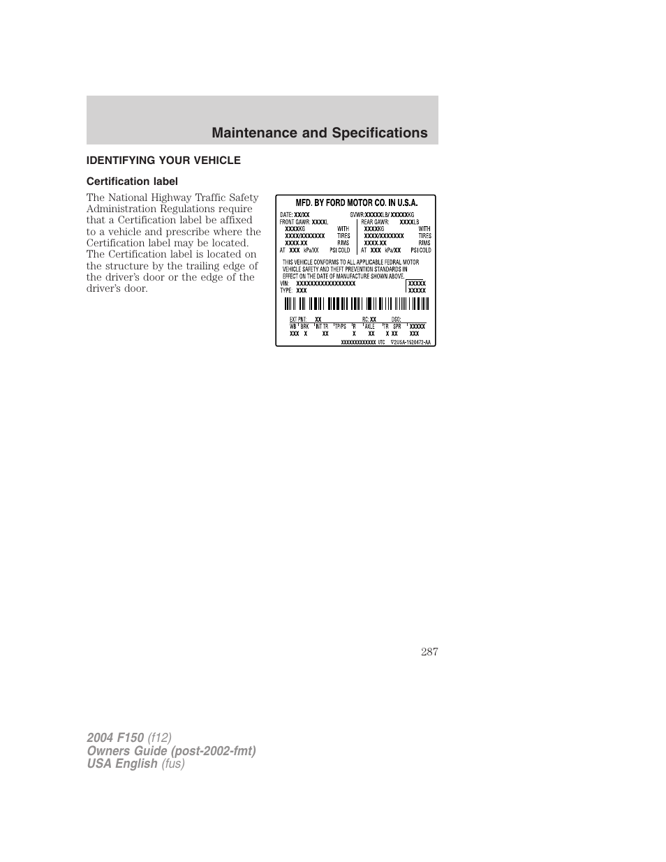 Maintenance and specifications | FORD 2004 F-150 v.5 User Manual | Page 287 / 304