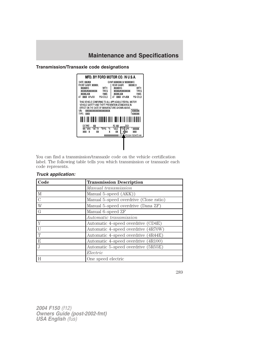 Maintenance and specifications | FORD 2004 F-150 v.5 User Manual | Page 289 / 304