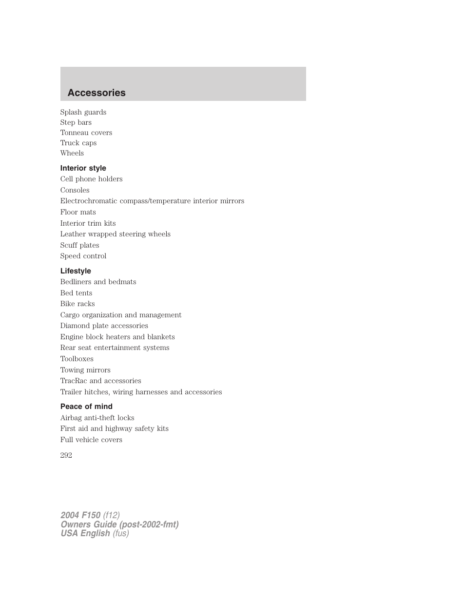 Accessories | FORD 2004 F-150 v.5 User Manual | Page 292 / 304