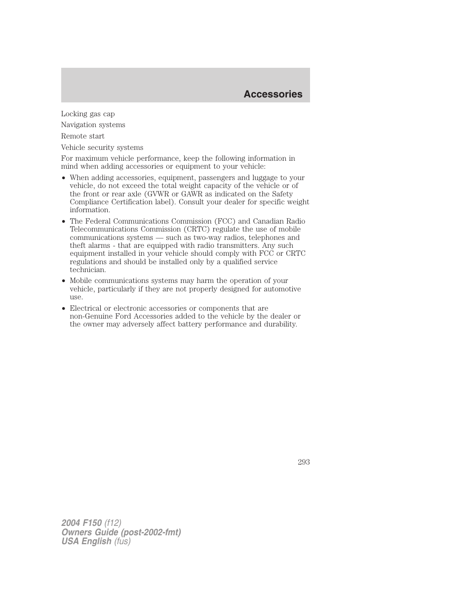 Accessories | FORD 2004 F-150 v.5 User Manual | Page 293 / 304