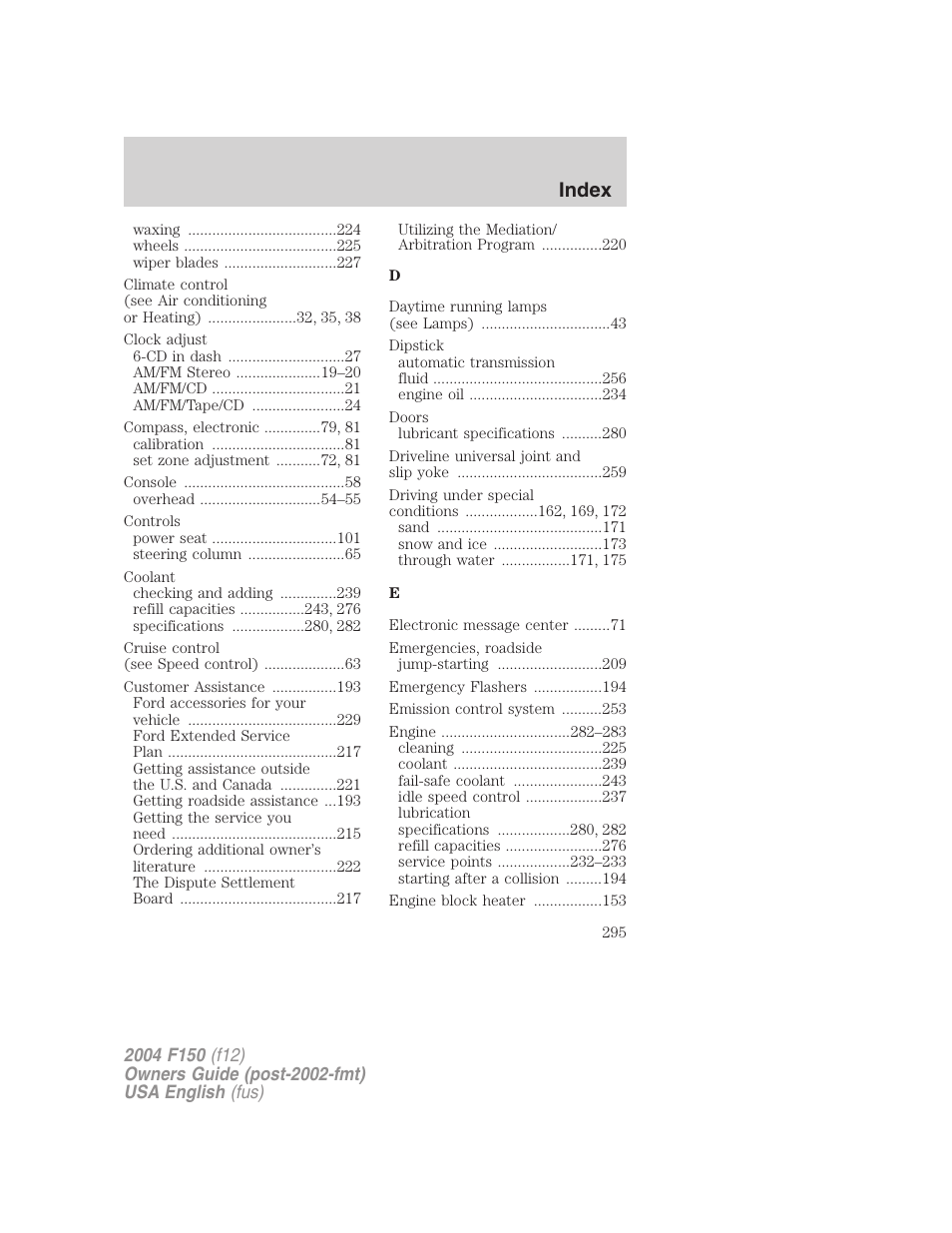 Index | FORD 2004 F-150 v.5 User Manual | Page 295 / 304