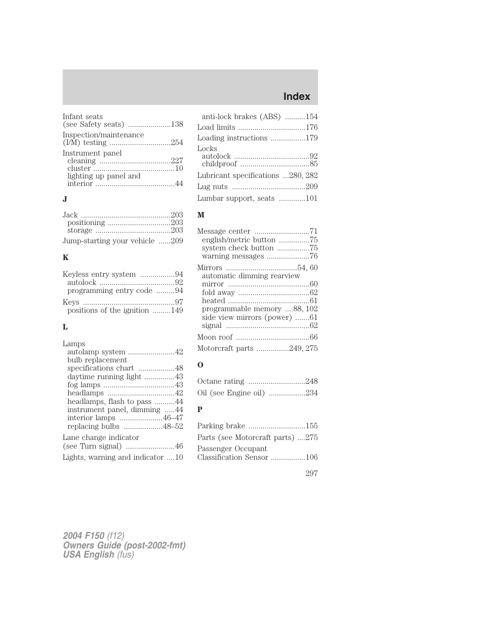 Index | FORD 2004 F-150 v.5 User Manual | Page 297 / 304