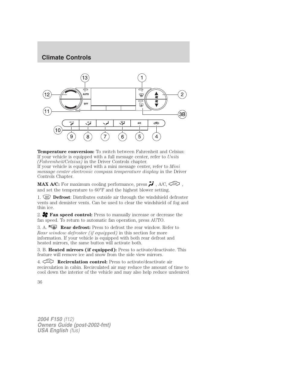 Climate controls | FORD 2004 F-150 v.5 User Manual | Page 36 / 304