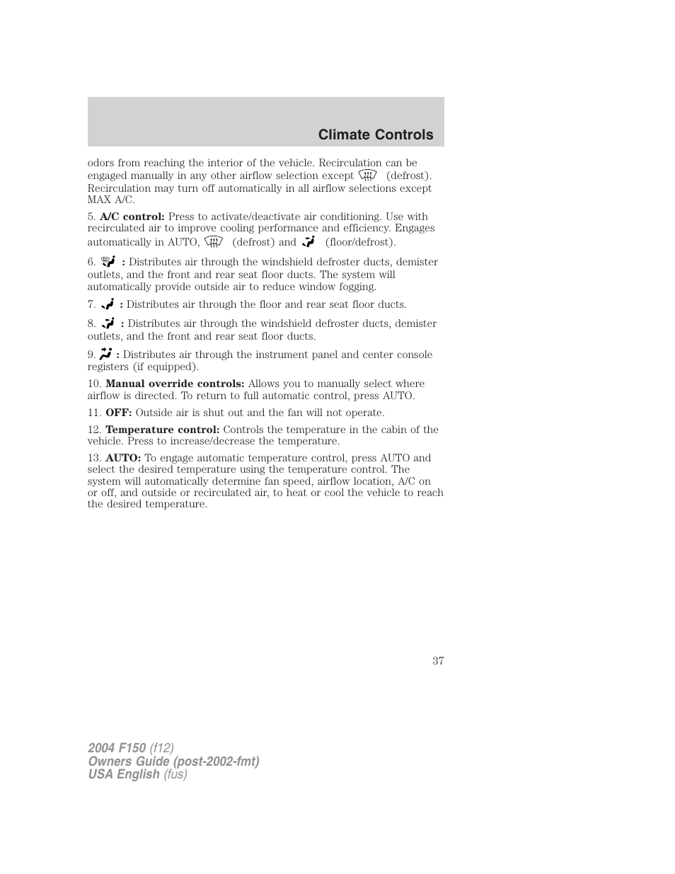 Climate controls | FORD 2004 F-150 v.5 User Manual | Page 37 / 304