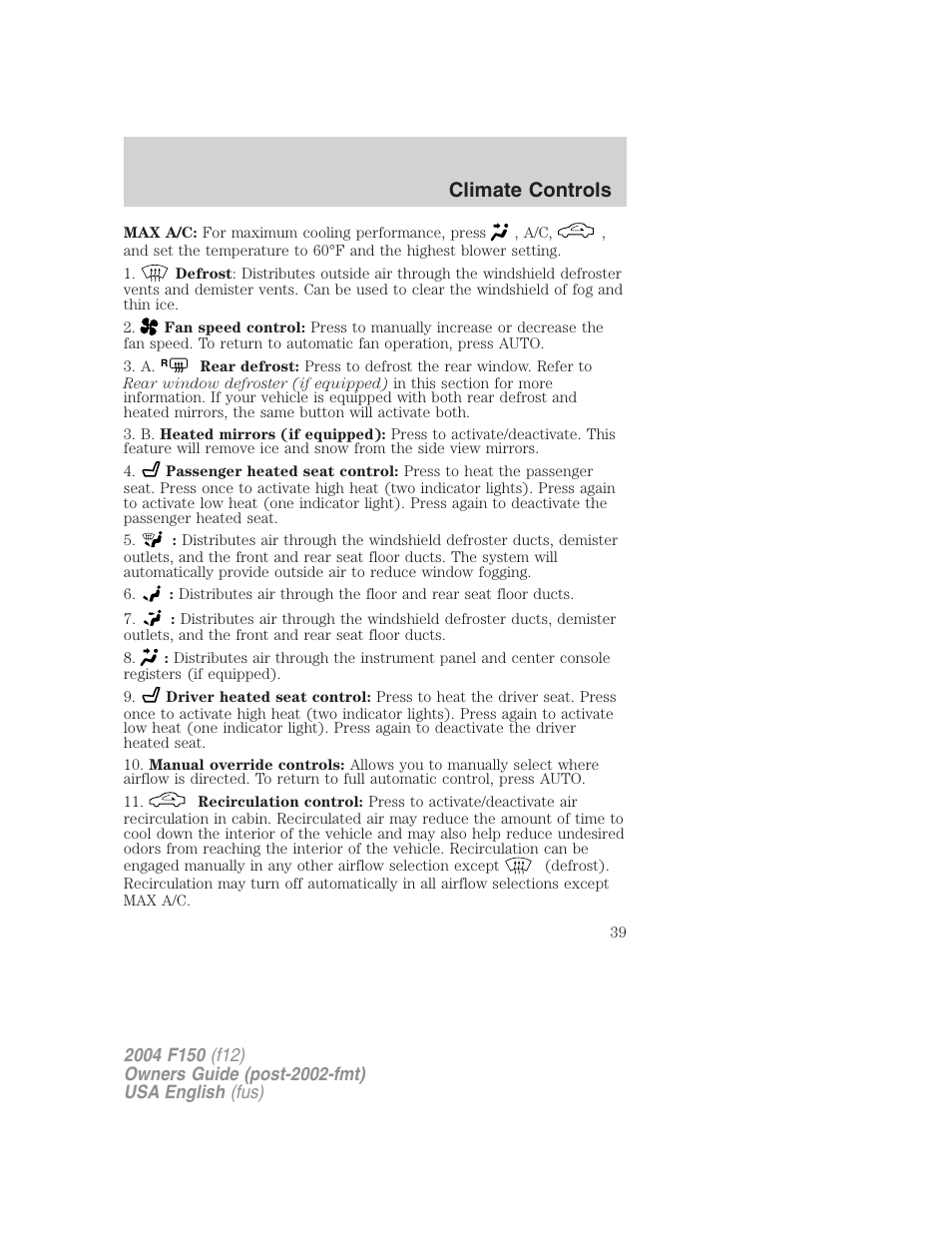 Climate controls | FORD 2004 F-150 v.5 User Manual | Page 39 / 304