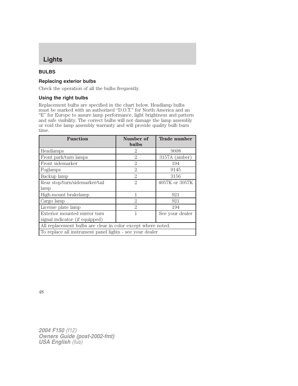 Lights | FORD 2004 F-150 v.5 User Manual | Page 48 / 304