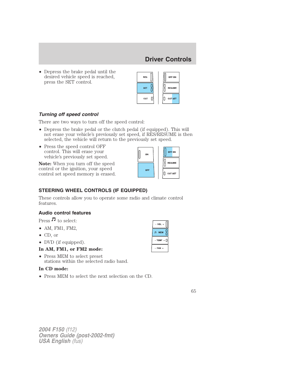 Driver controls | FORD 2004 F-150 v.5 User Manual | Page 65 / 304