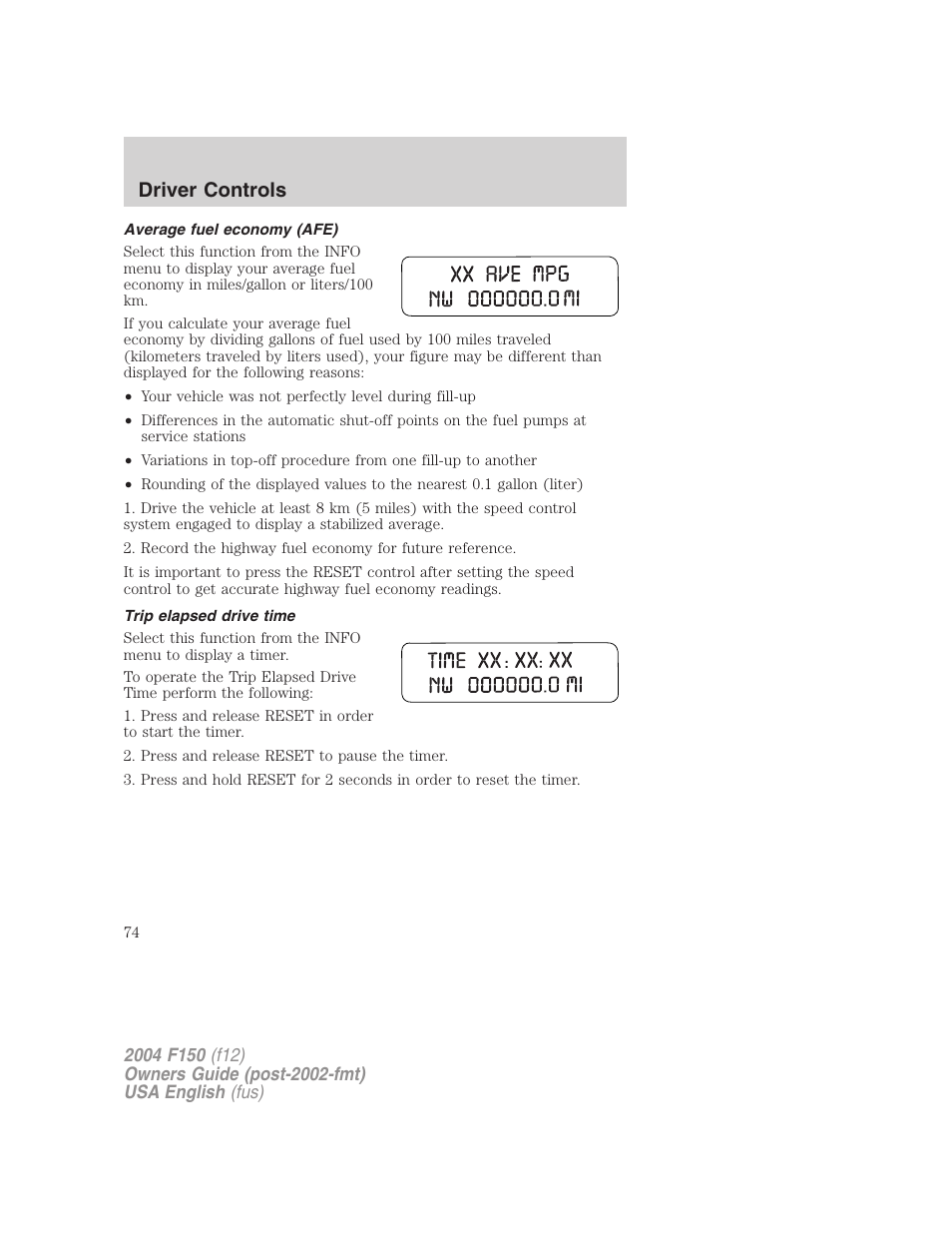 Driver controls | FORD 2004 F-150 v.5 User Manual | Page 74 / 304