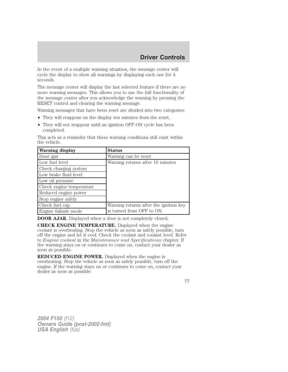 Driver controls | FORD 2004 F-150 v.5 User Manual | Page 77 / 304