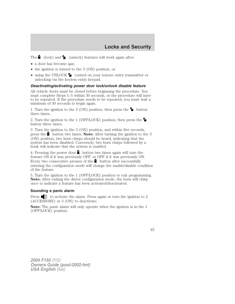 Locks and security | FORD 2004 F-150 v.5 User Manual | Page 87 / 304