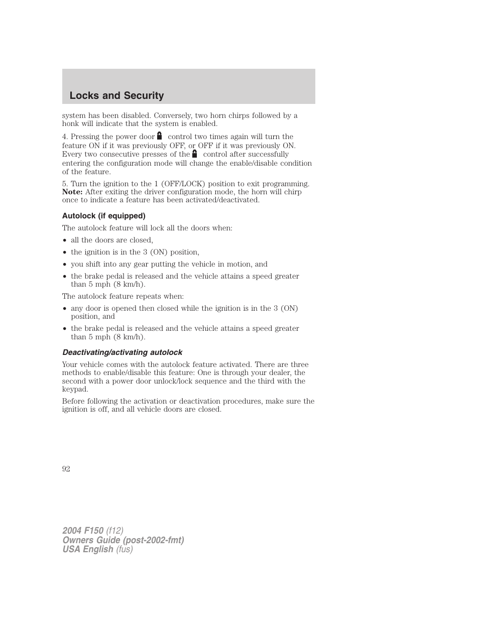 Locks and security | FORD 2004 F-150 v.5 User Manual | Page 92 / 304