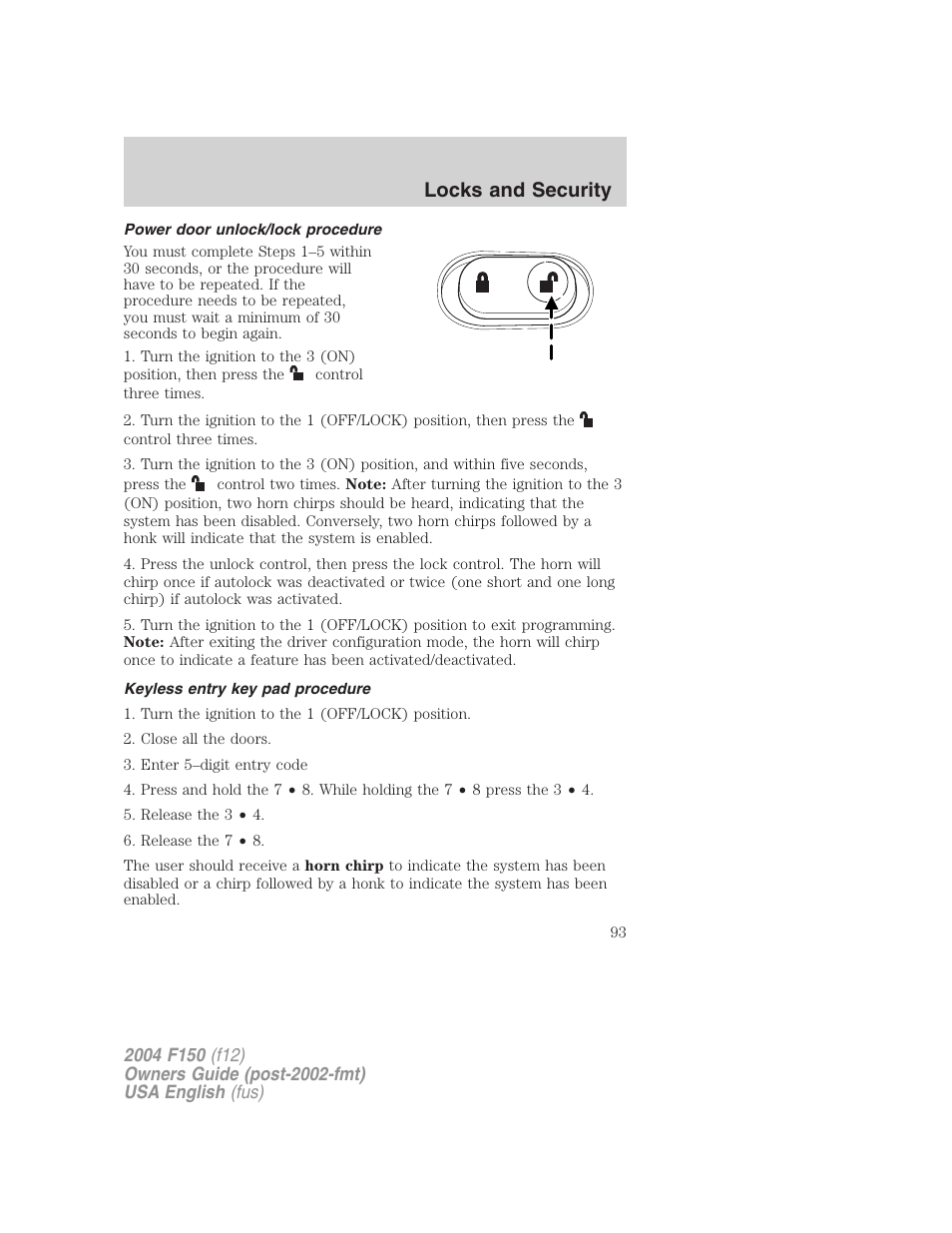 Locks and security | FORD 2004 F-150 v.5 User Manual | Page 93 / 304