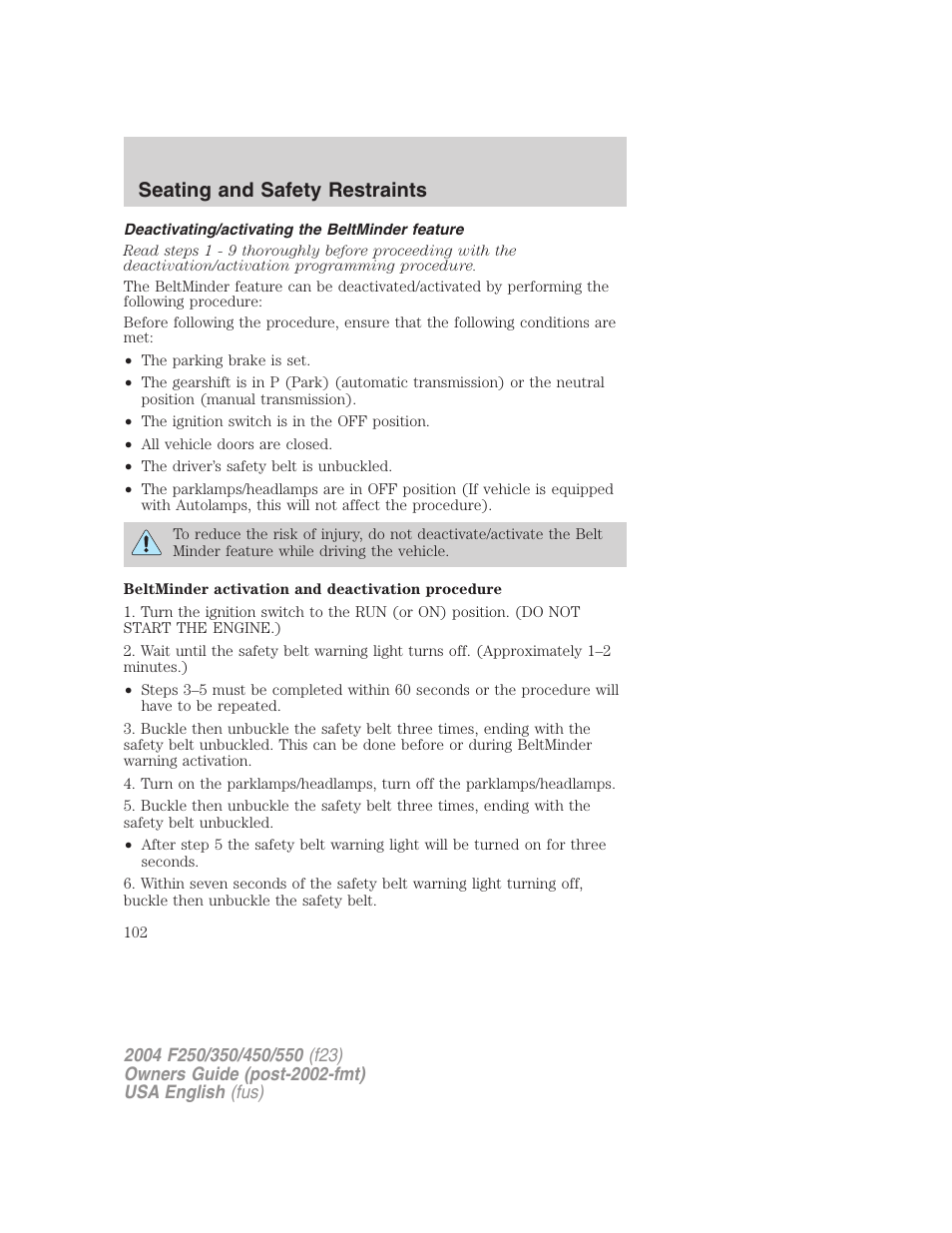 Seating and safety restraints | FORD 2004 F-550 v.1 User Manual | Page 102 / 304