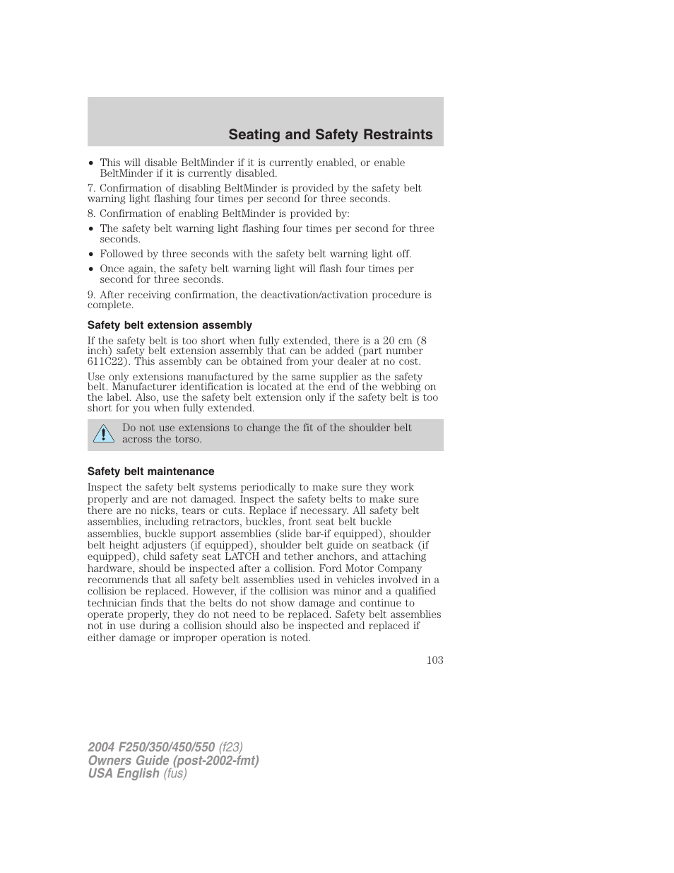 Seating and safety restraints | FORD 2004 F-550 v.1 User Manual | Page 103 / 304