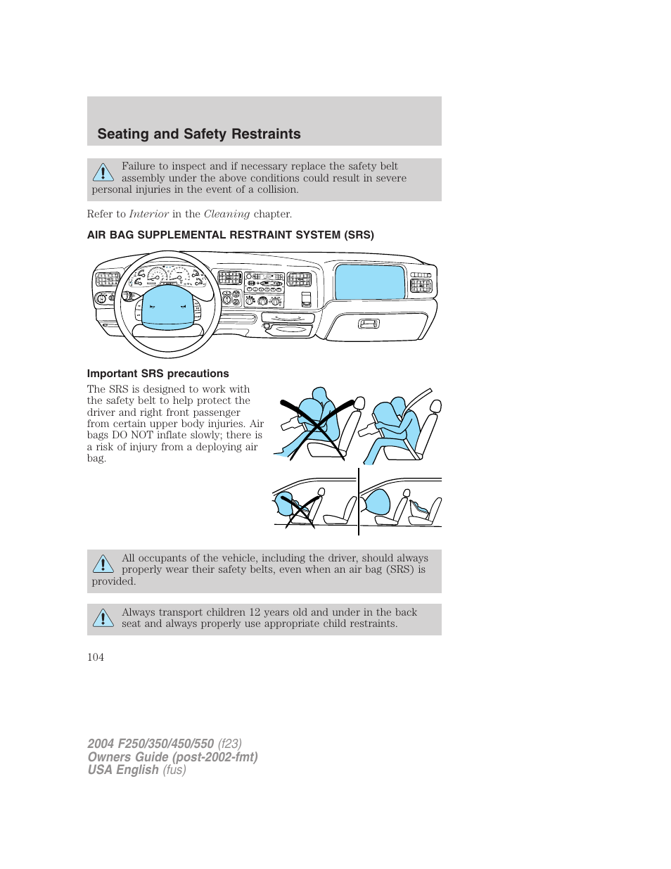 Seating and safety restraints | FORD 2004 F-550 v.1 User Manual | Page 104 / 304