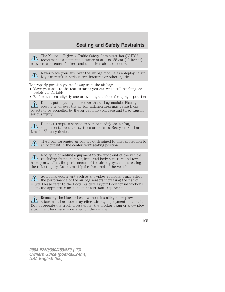 Seating and safety restraints | FORD 2004 F-550 v.1 User Manual | Page 105 / 304