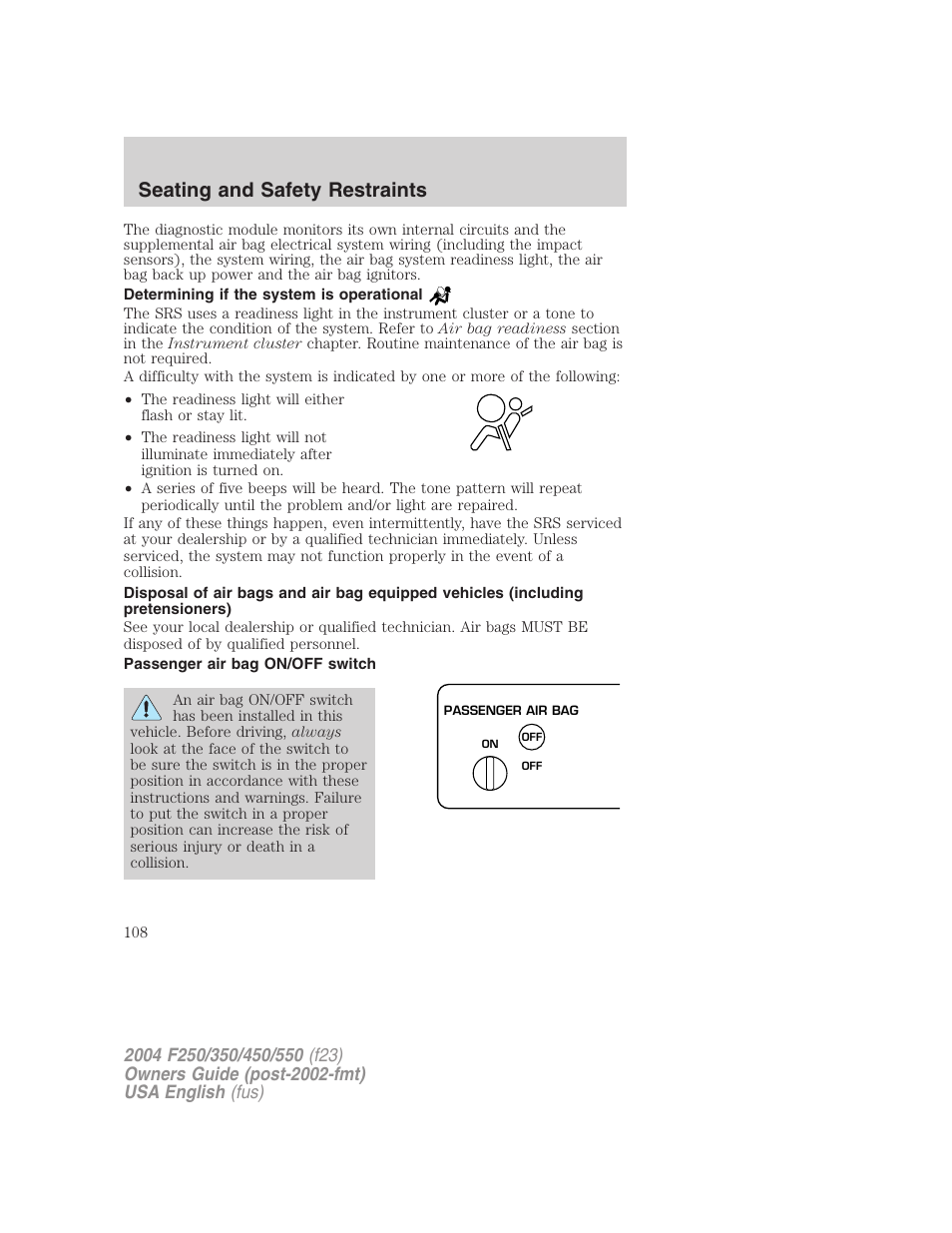 Seating and safety restraints | FORD 2004 F-550 v.1 User Manual | Page 108 / 304