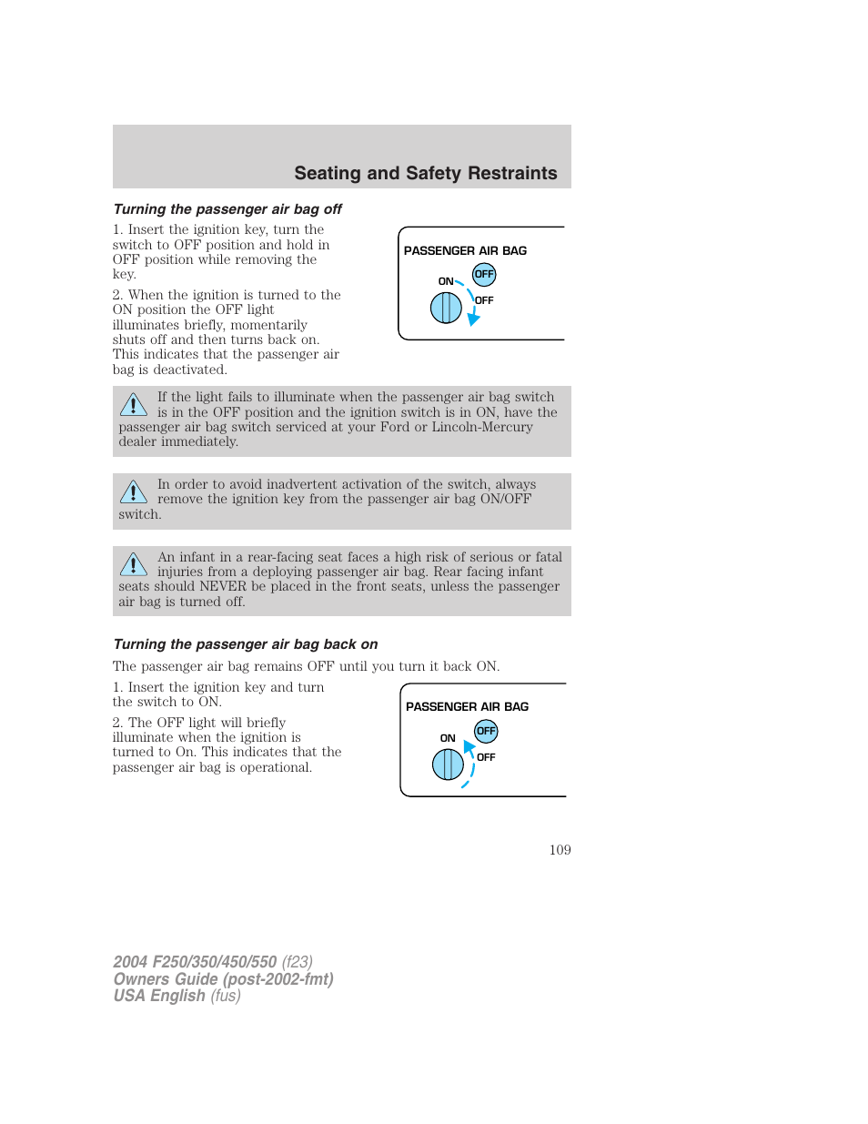 Seating and safety restraints | FORD 2004 F-550 v.1 User Manual | Page 109 / 304