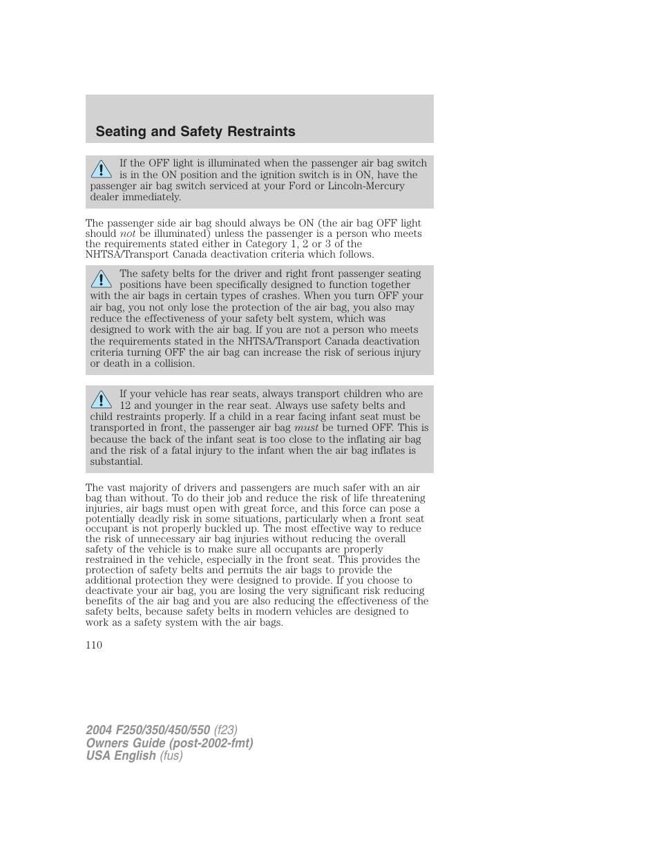 Seating and safety restraints | FORD 2004 F-550 v.1 User Manual | Page 110 / 304