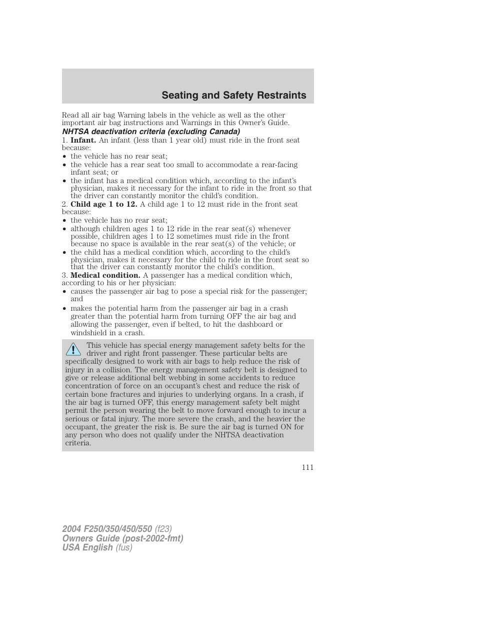 Seating and safety restraints | FORD 2004 F-550 v.1 User Manual | Page 111 / 304