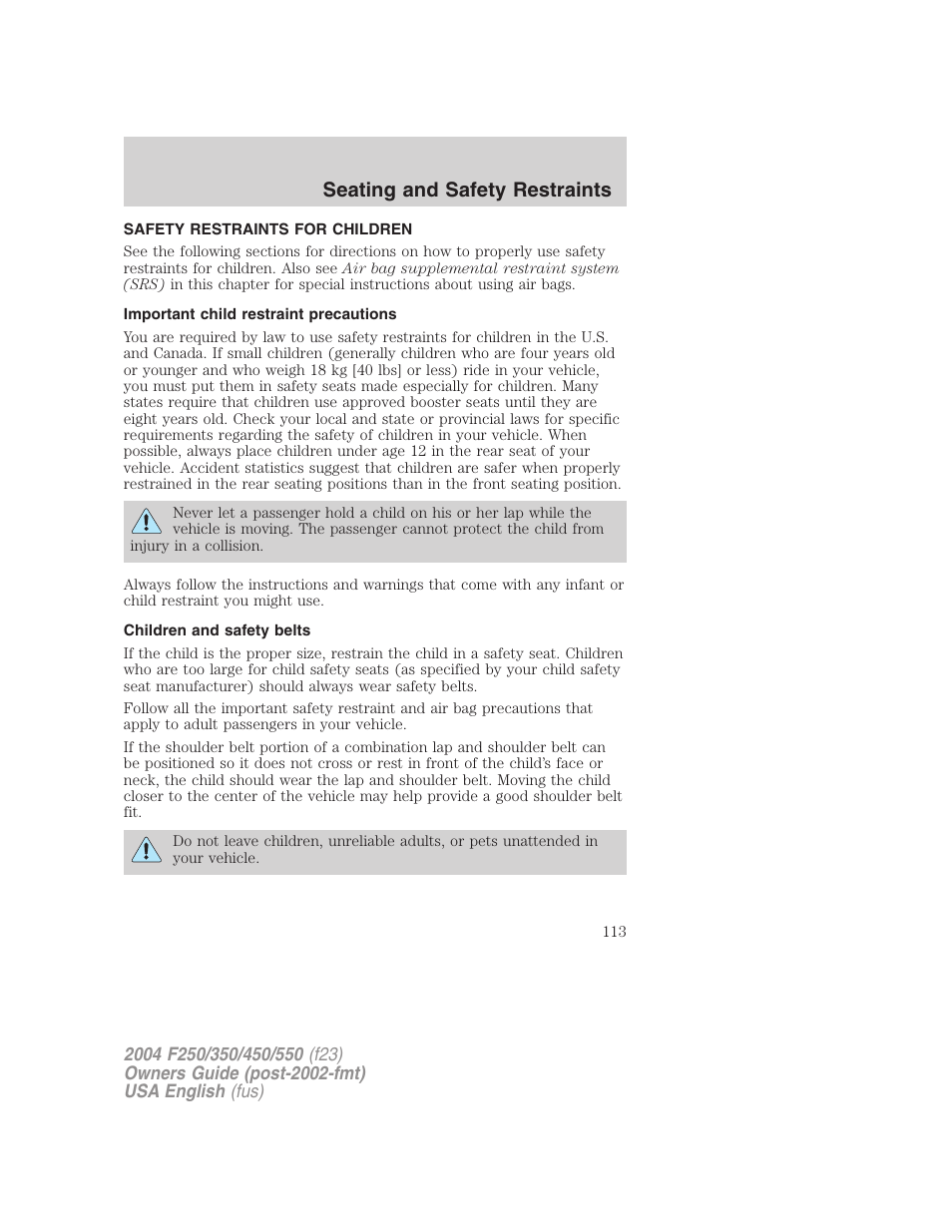 Seating and safety restraints | FORD 2004 F-550 v.1 User Manual | Page 113 / 304