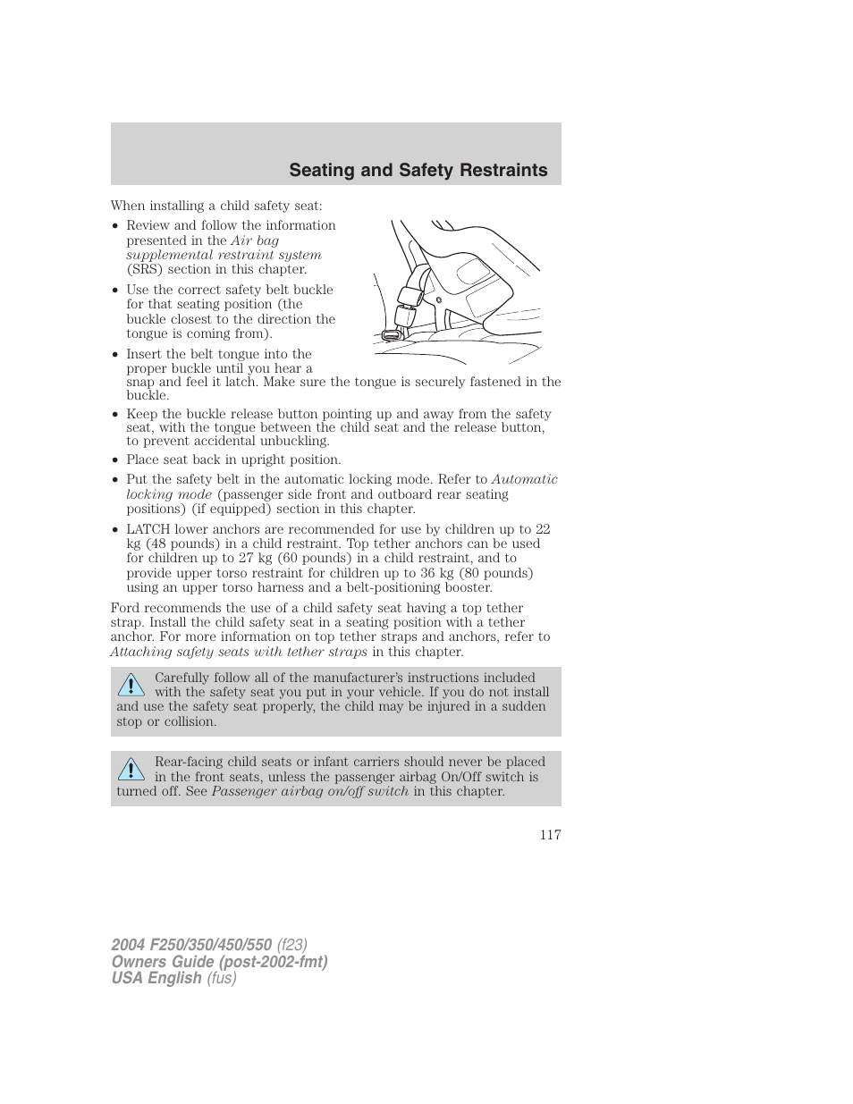 Seating and safety restraints | FORD 2004 F-550 v.1 User Manual | Page 117 / 304