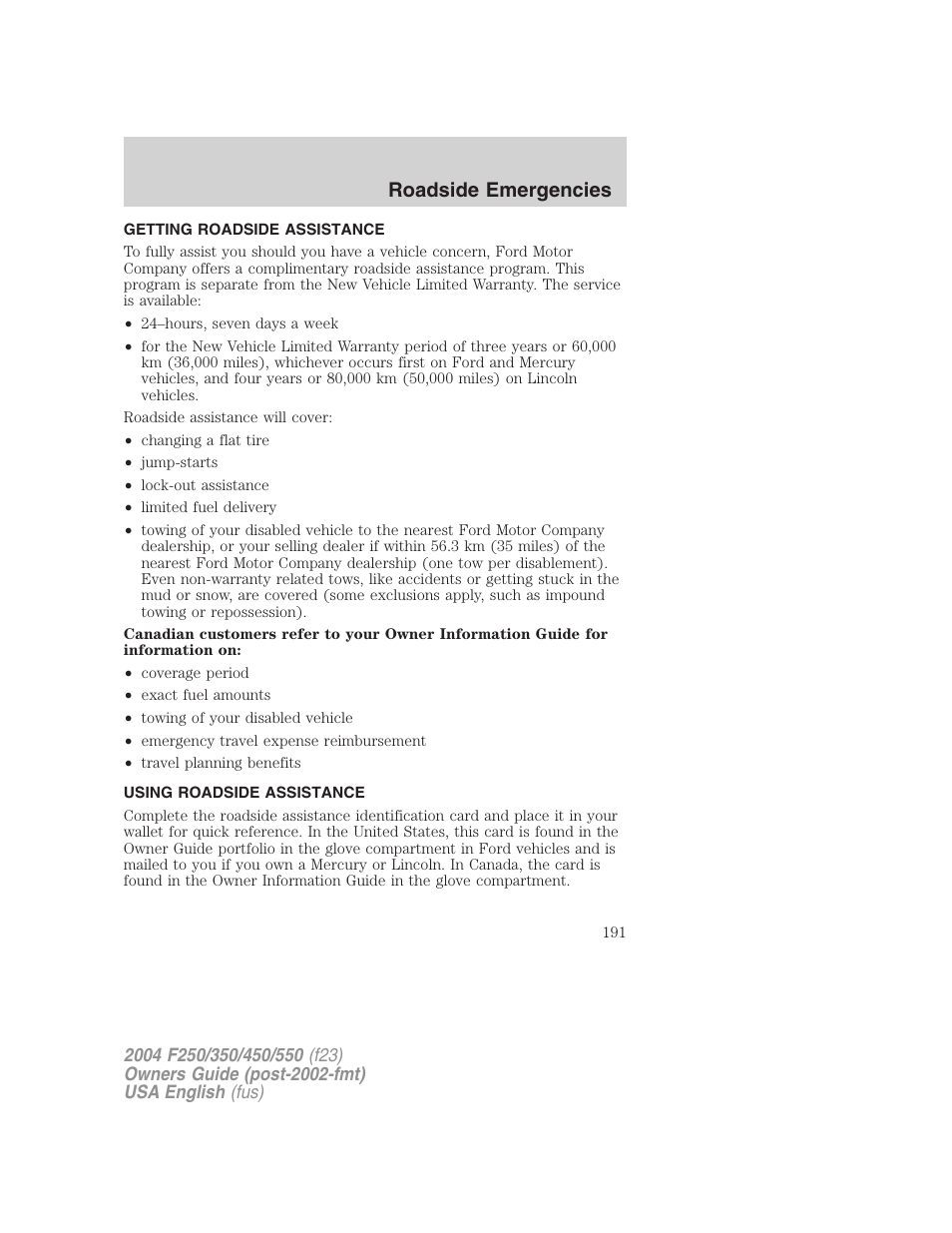 Roadside emergencies | FORD 2004 F-550 v.1 User Manual | Page 191 / 304