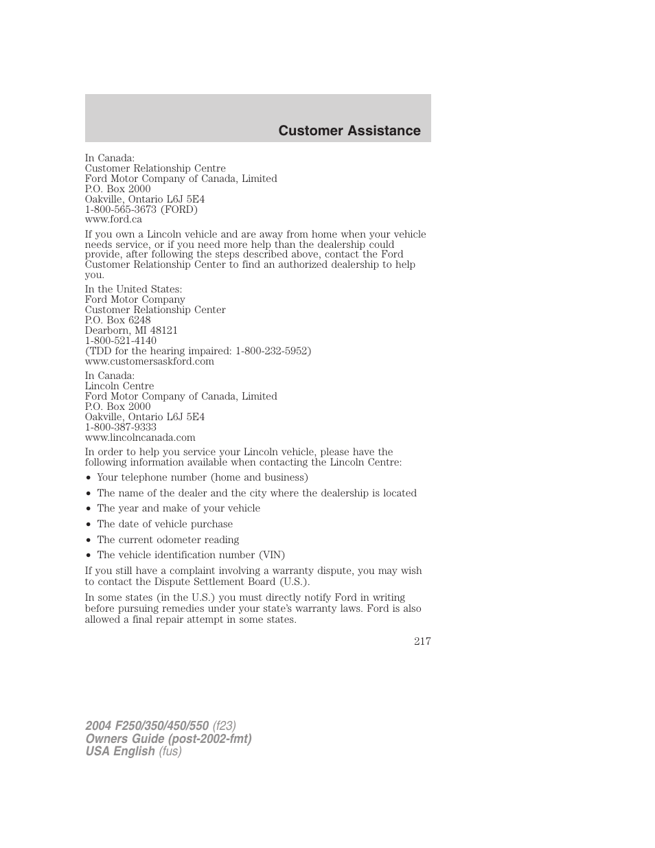 Customer assistance | FORD 2004 F-550 v.1 User Manual | Page 217 / 304