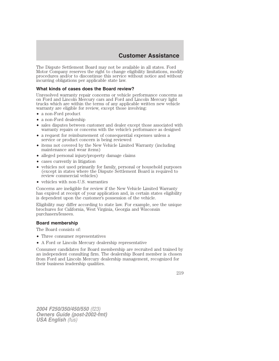 Customer assistance | FORD 2004 F-550 v.1 User Manual | Page 219 / 304