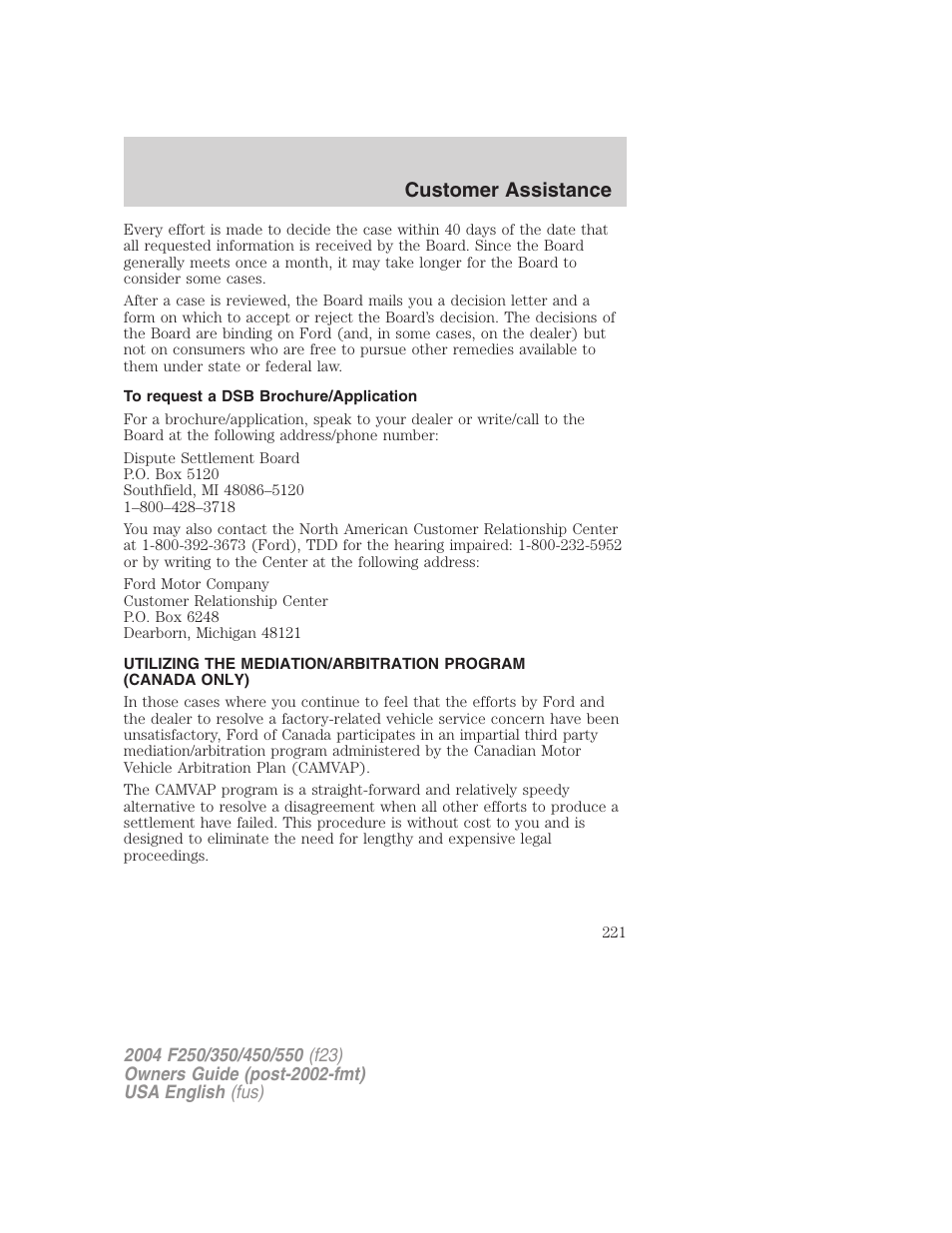 Customer assistance | FORD 2004 F-550 v.1 User Manual | Page 221 / 304