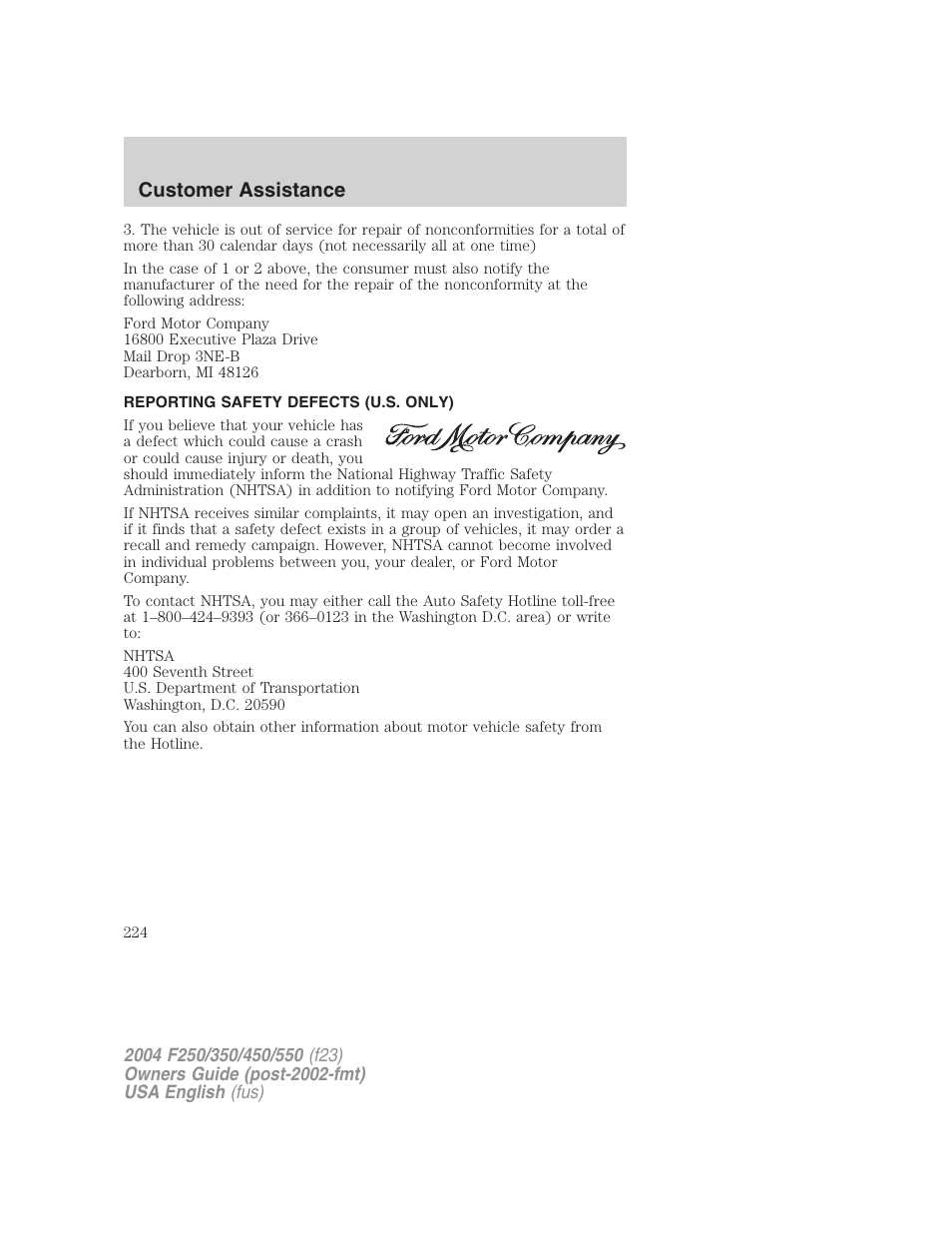Customer assistance | FORD 2004 F-550 v.1 User Manual | Page 224 / 304