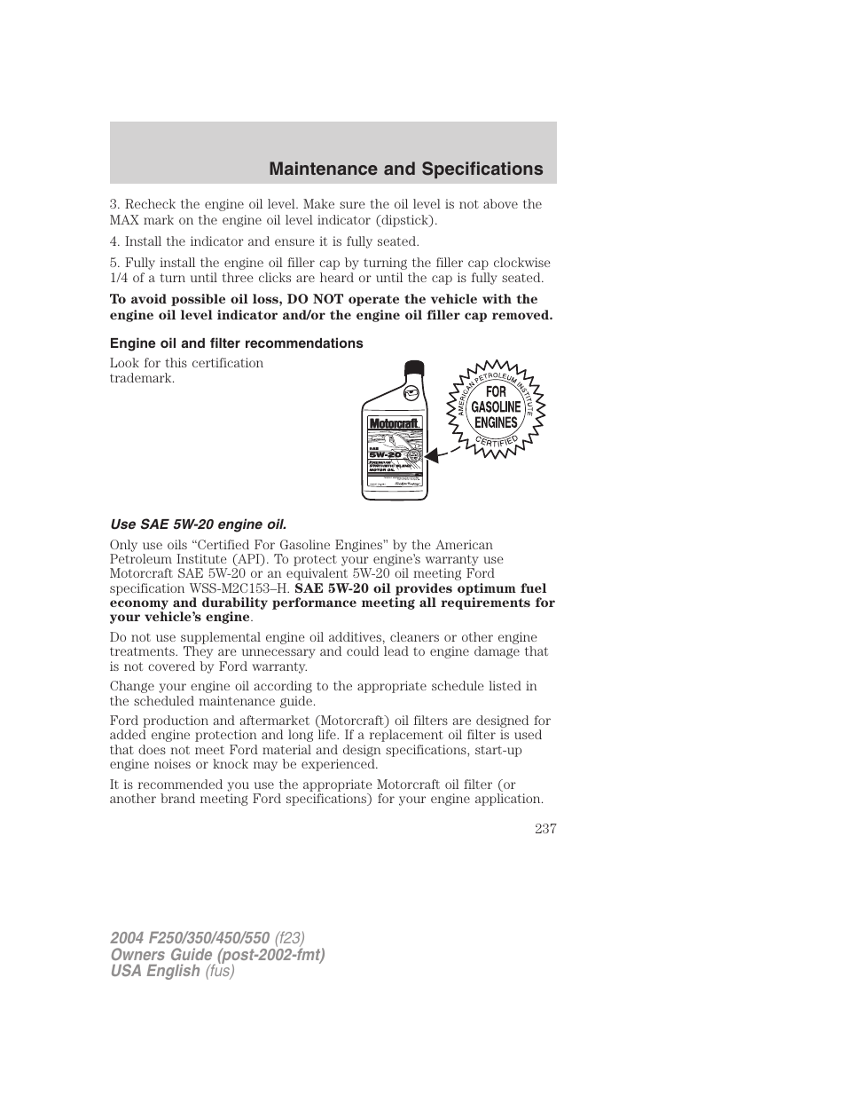 Maintenance and specifications | FORD 2004 F-550 v.1 User Manual | Page 237 / 304