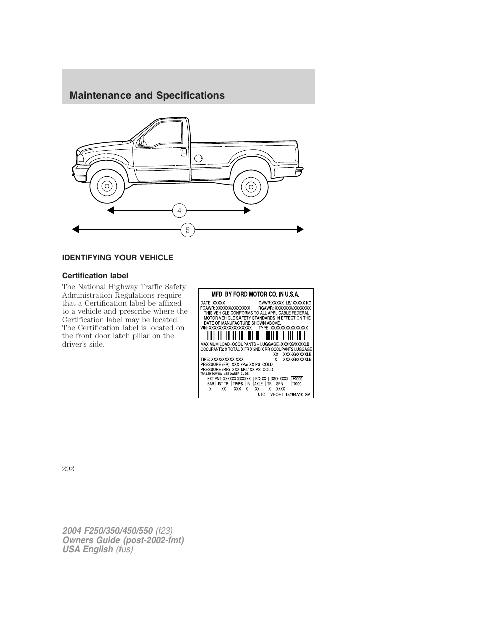 Maintenance and specifications | FORD 2004 F-550 v.1 User Manual | Page 292 / 304