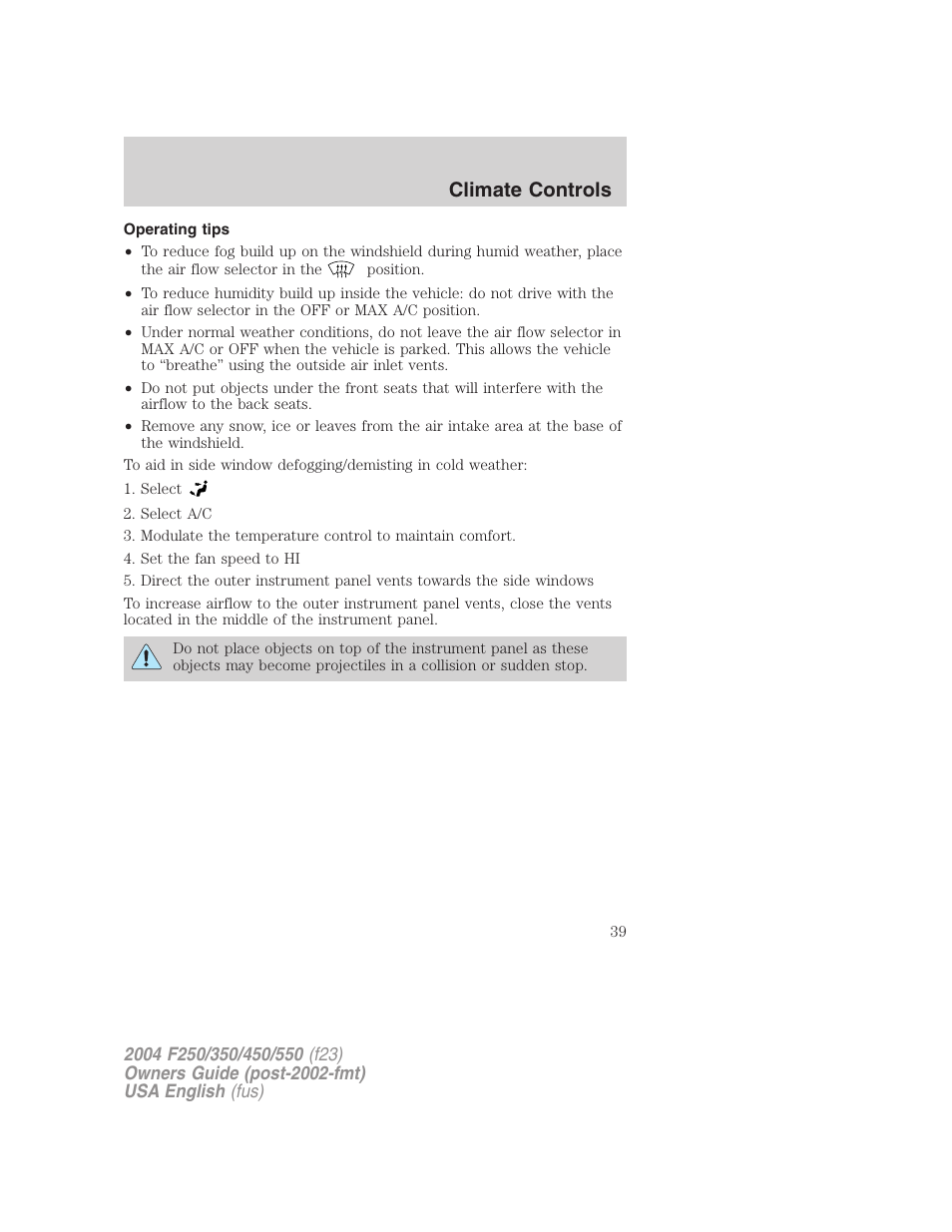 Climate controls | FORD 2004 F-550 v.1 User Manual | Page 39 / 304