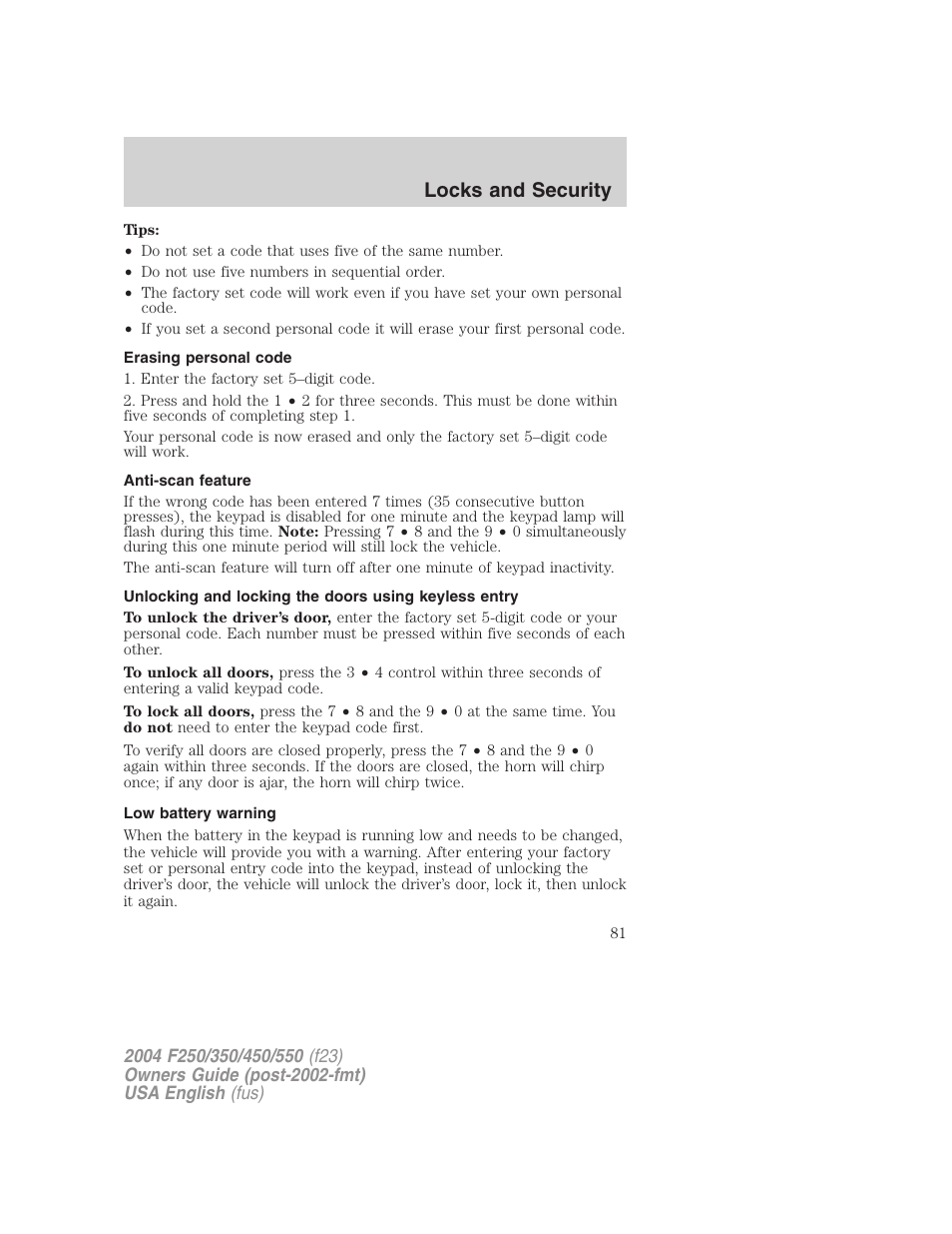 Locks and security | FORD 2004 F-550 v.1 User Manual | Page 81 / 304