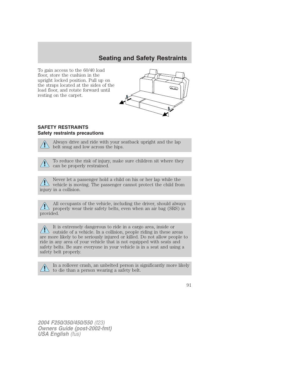 Seating and safety restraints | FORD 2004 F-550 v.1 User Manual | Page 91 / 304