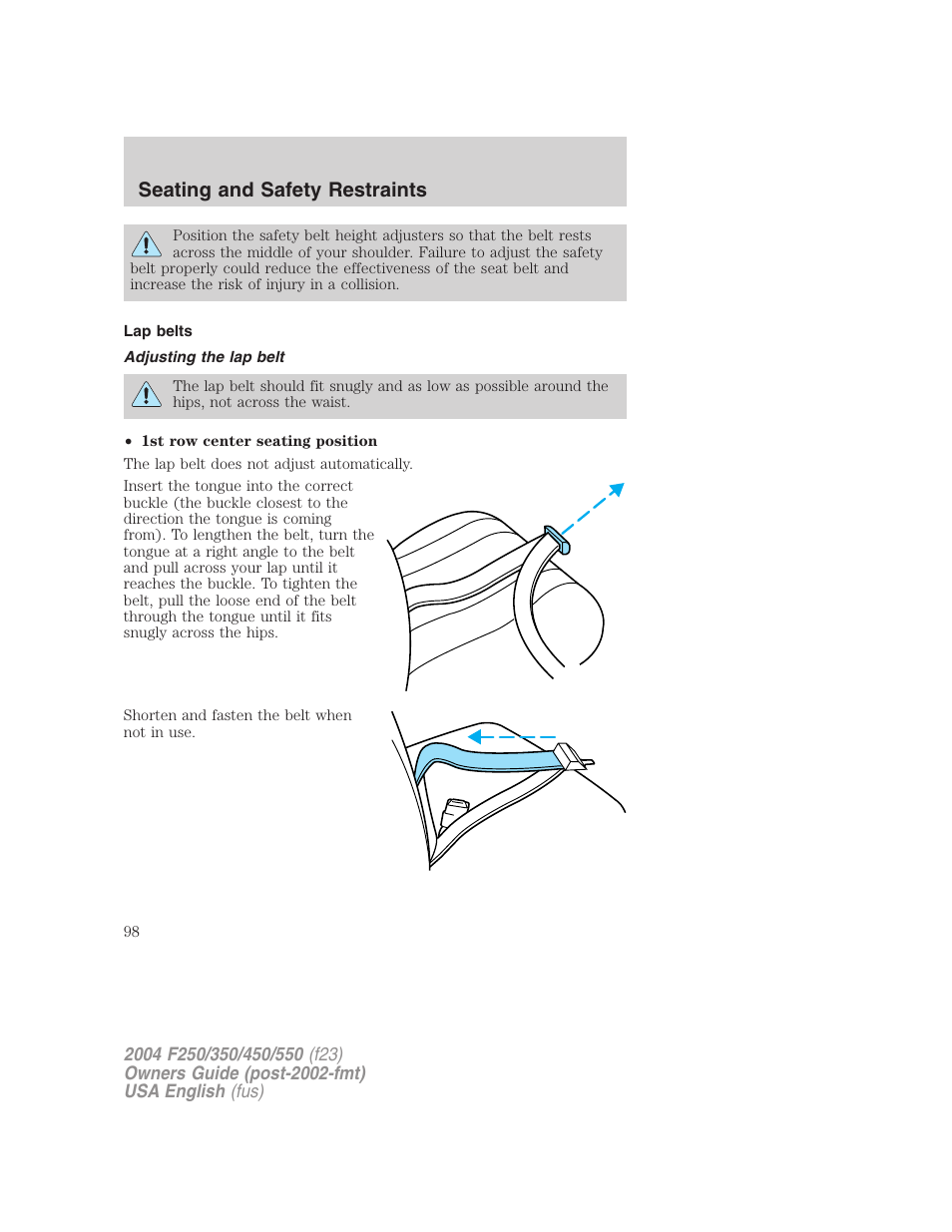 Seating and safety restraints | FORD 2004 F-550 v.1 User Manual | Page 98 / 304