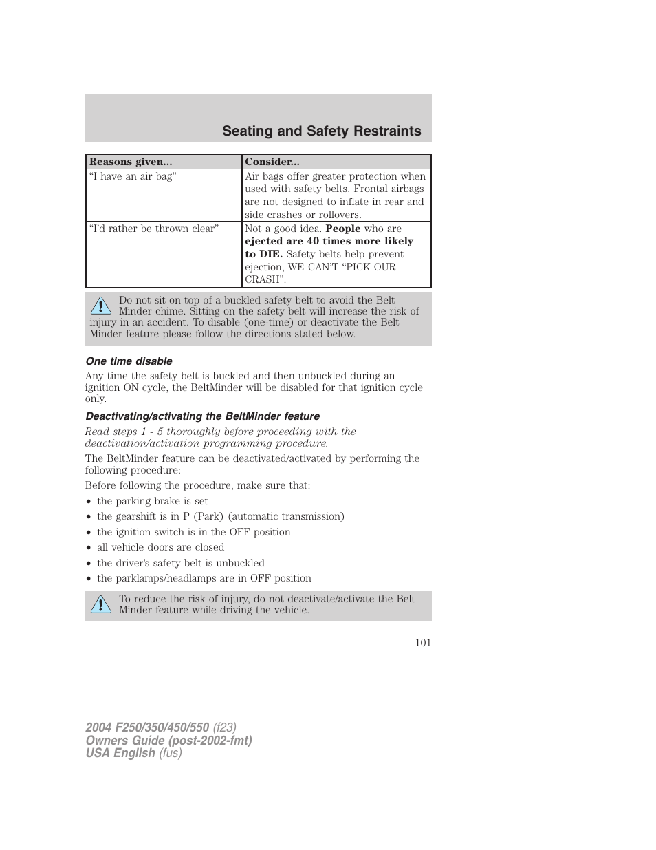 Seating and safety restraints | FORD 2004 F-550 v.2 User Manual | Page 101 / 312