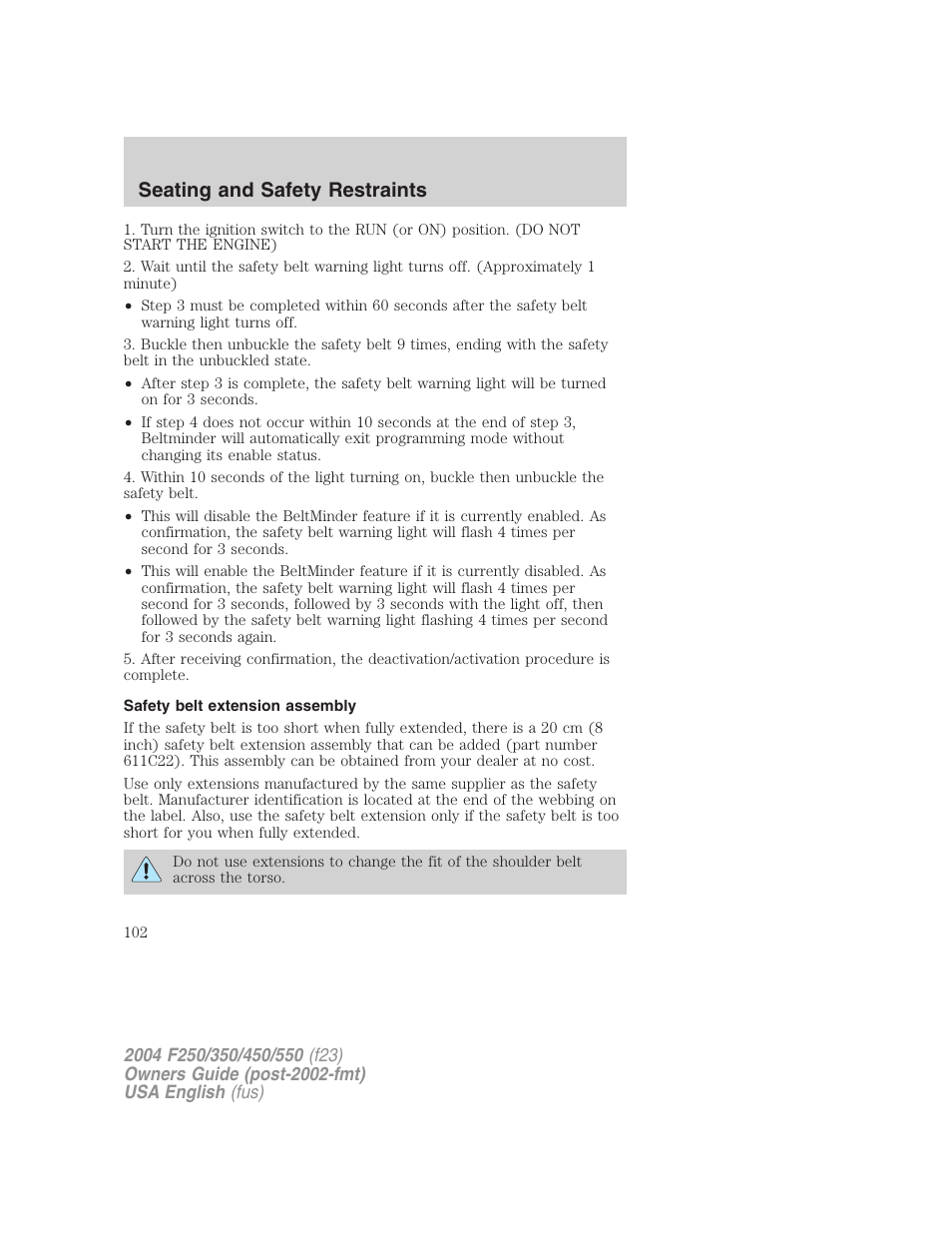 Seating and safety restraints | FORD 2004 F-550 v.2 User Manual | Page 102 / 312