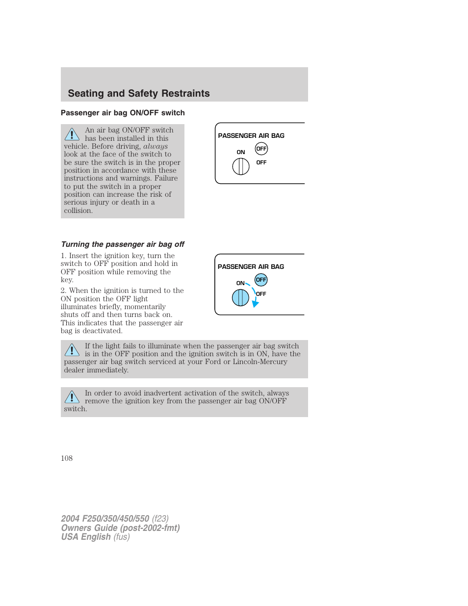 Seating and safety restraints | FORD 2004 F-550 v.2 User Manual | Page 108 / 312